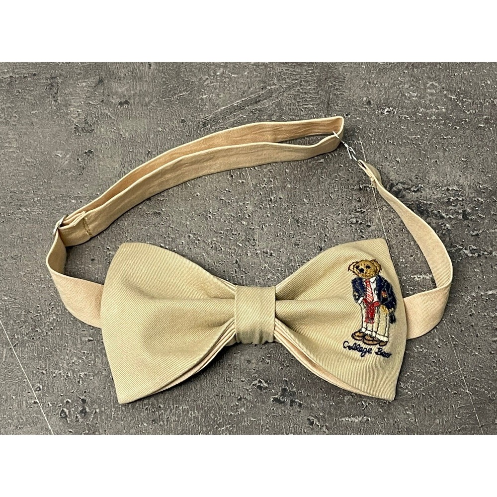 NEW Mens Preppy College Bear Bow tie Custom Tan Beige Pre Tied Adjustable Gift